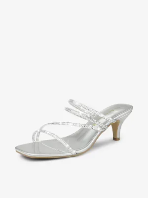 Square Toe Rhinestone Strappy Kitten Heel Slide Sandals